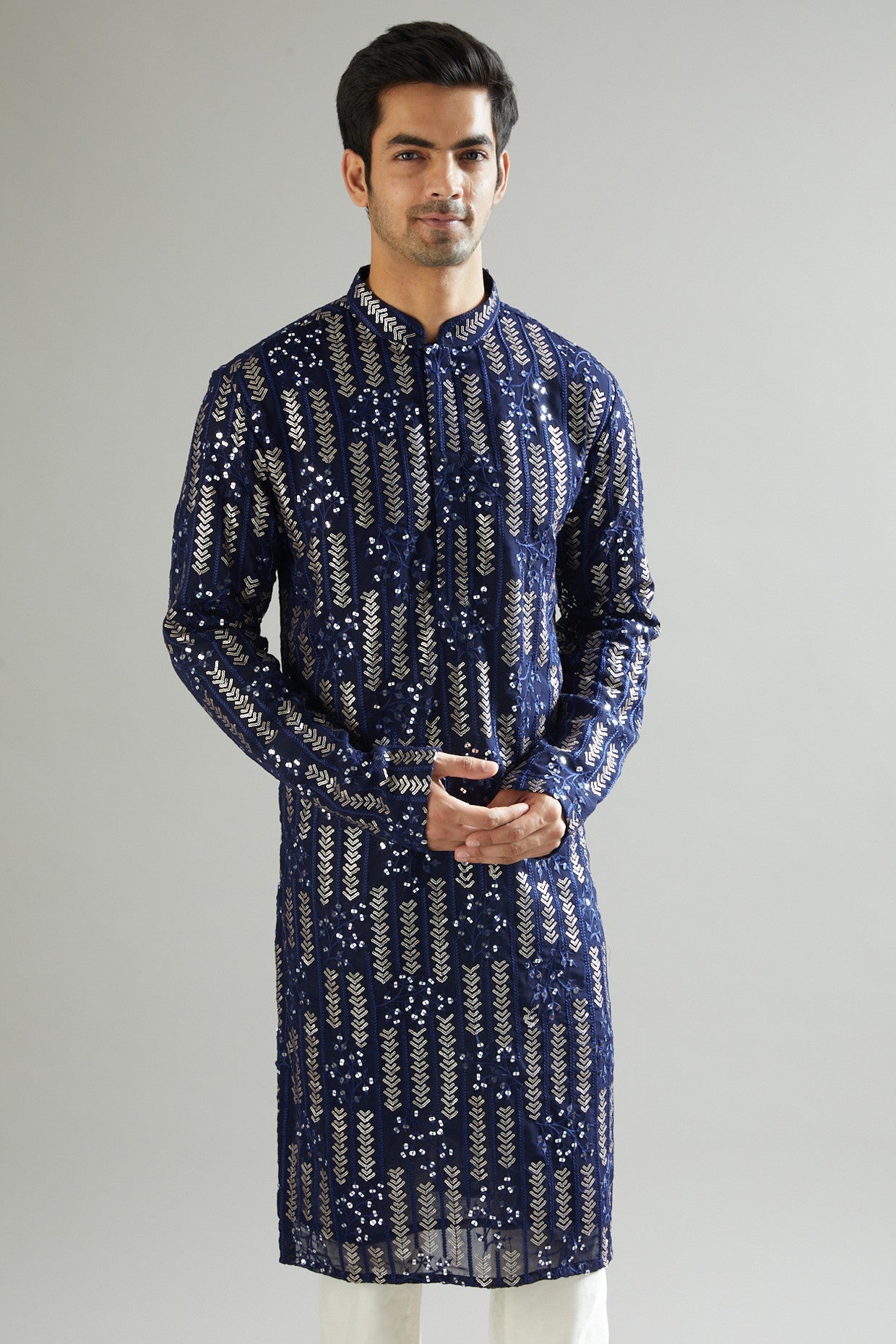 Navy Blue Sequins Embroidered Kurta - kasbahmen