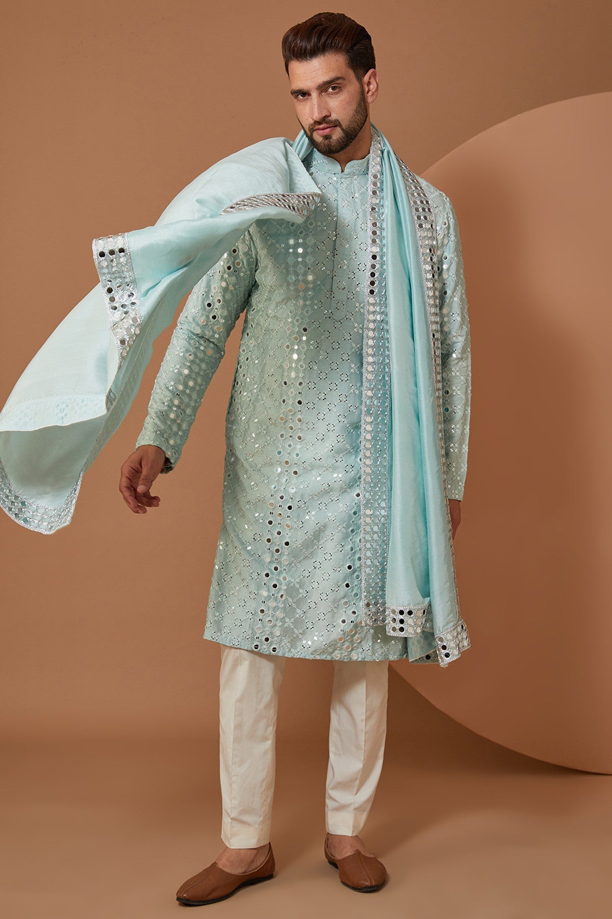 Signature Sky Blue Mirrorwork Kurta with Stole - kasbahmen