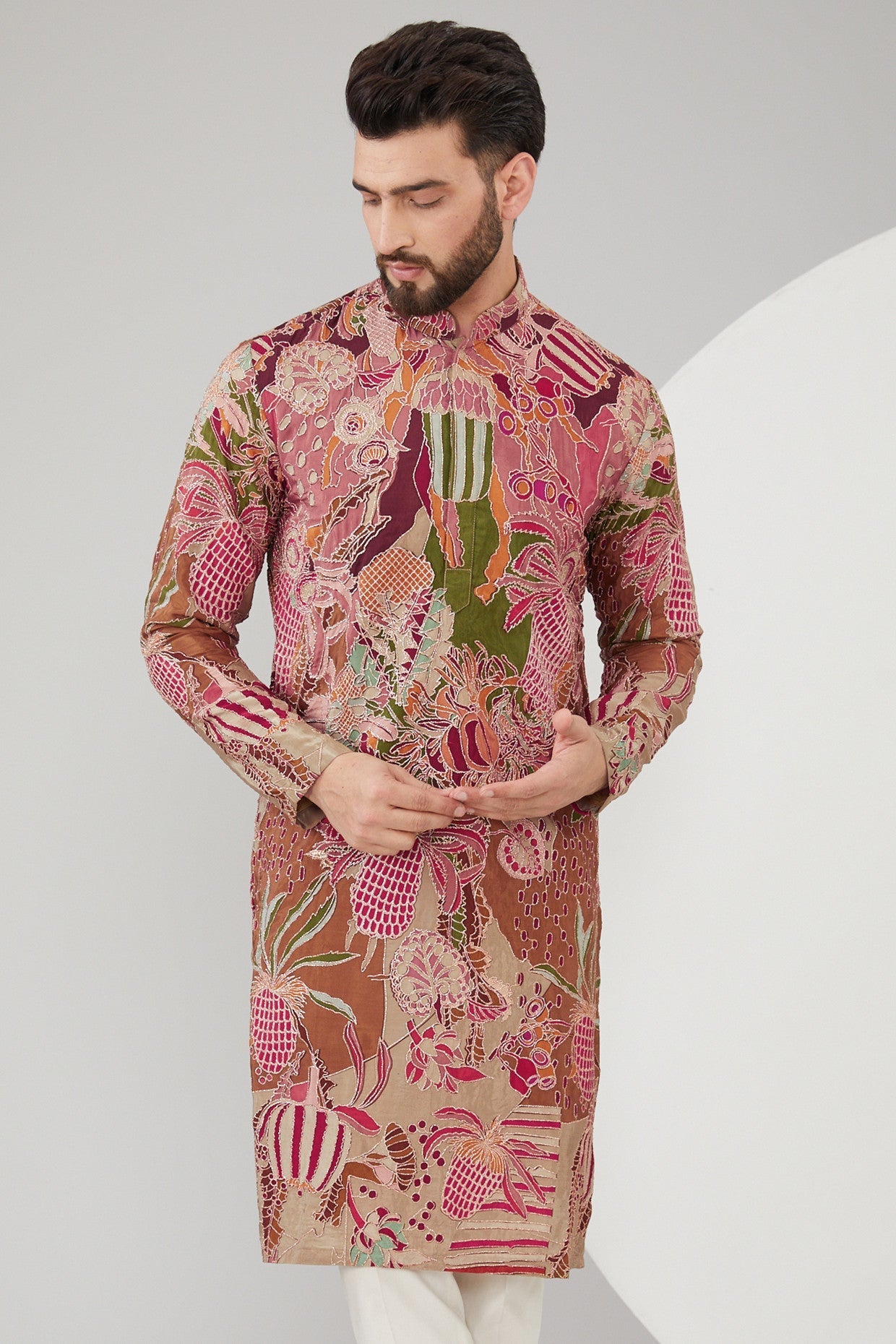 Multi-Colored Slub Silk Abstract Embroidered Kurta - kasbahmen