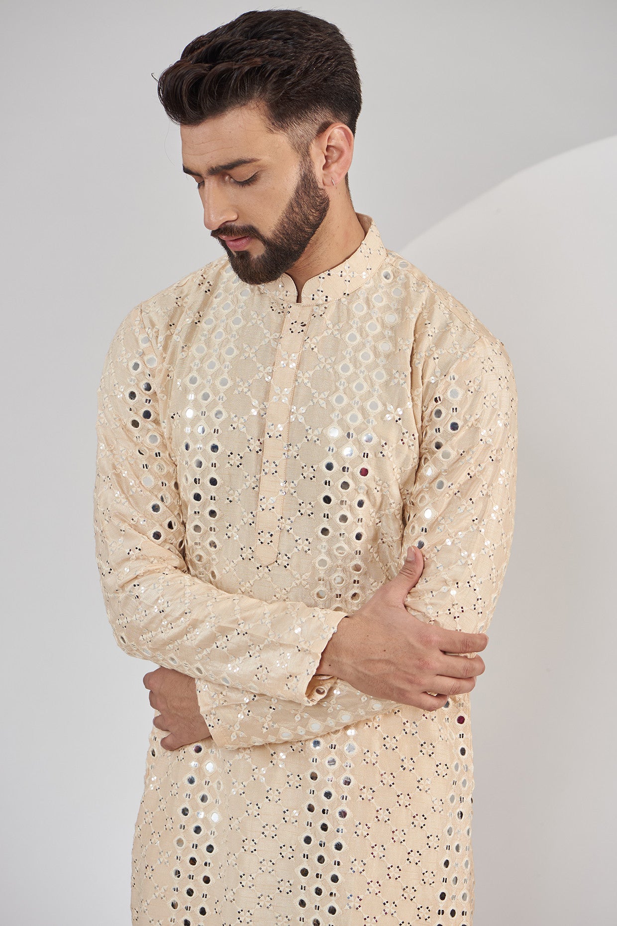 Light Beige Mirrorwork Kurta - kasbahmen