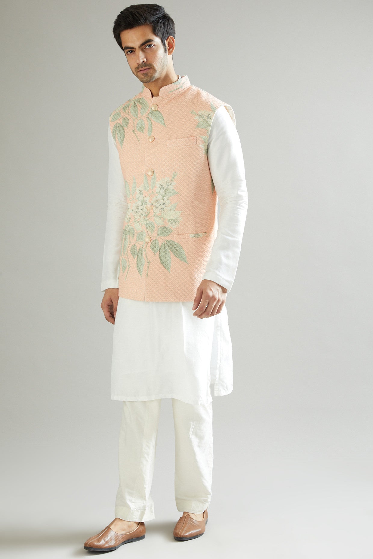 Peach Embroidered Nehru Jacket - kasbahmen