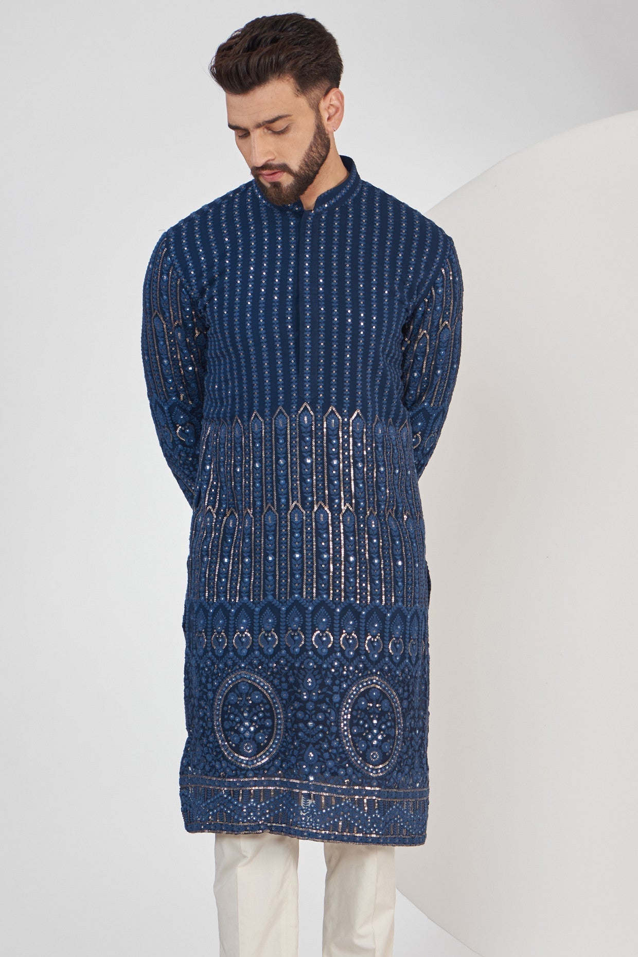 Navy Blue Embroidered Kurta - kasbahmen