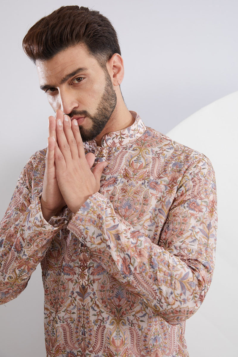 Peach Multi Embroidered Kurta - kasbahmen