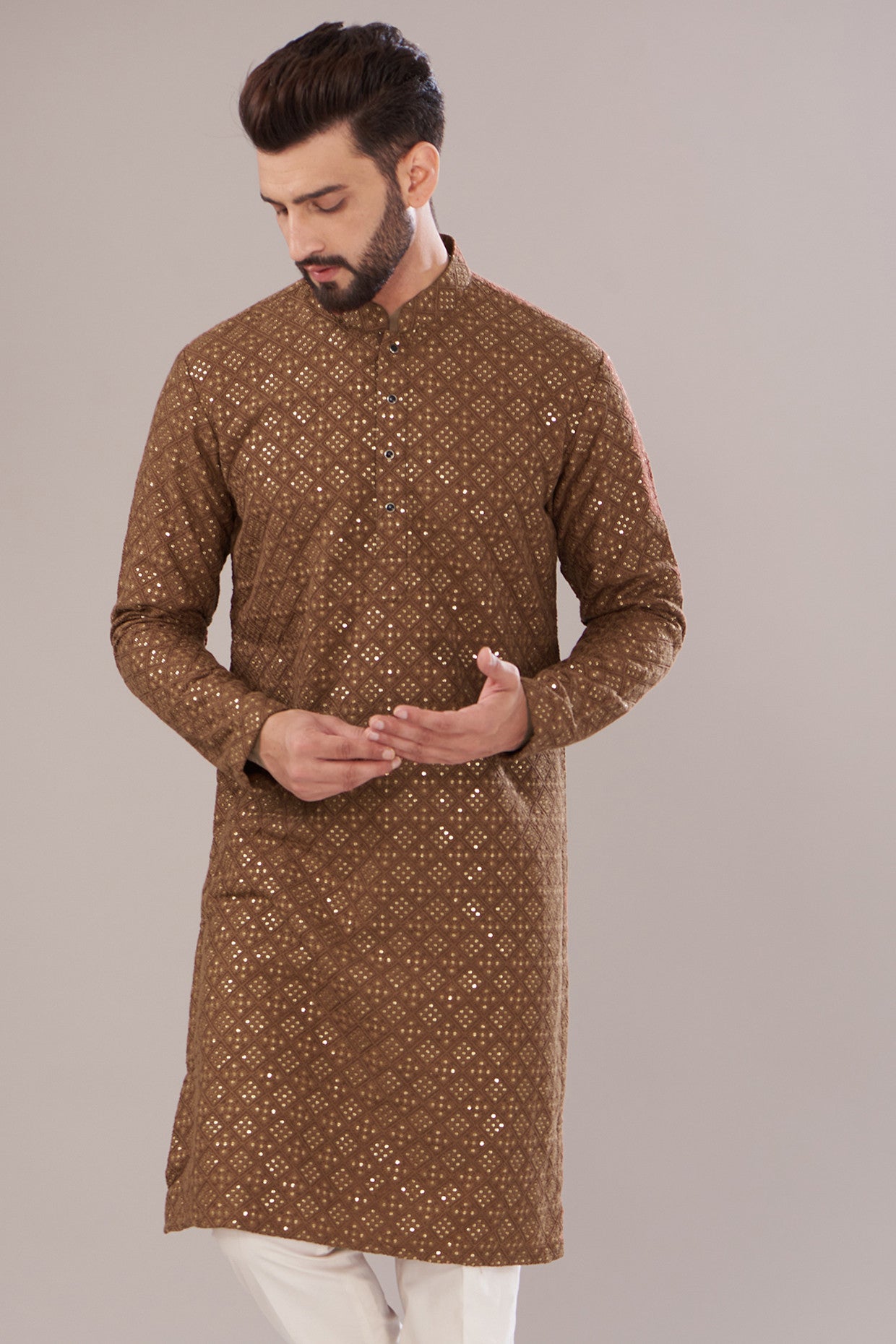 Brown Silk Embroidered Kurta - kasbahmen