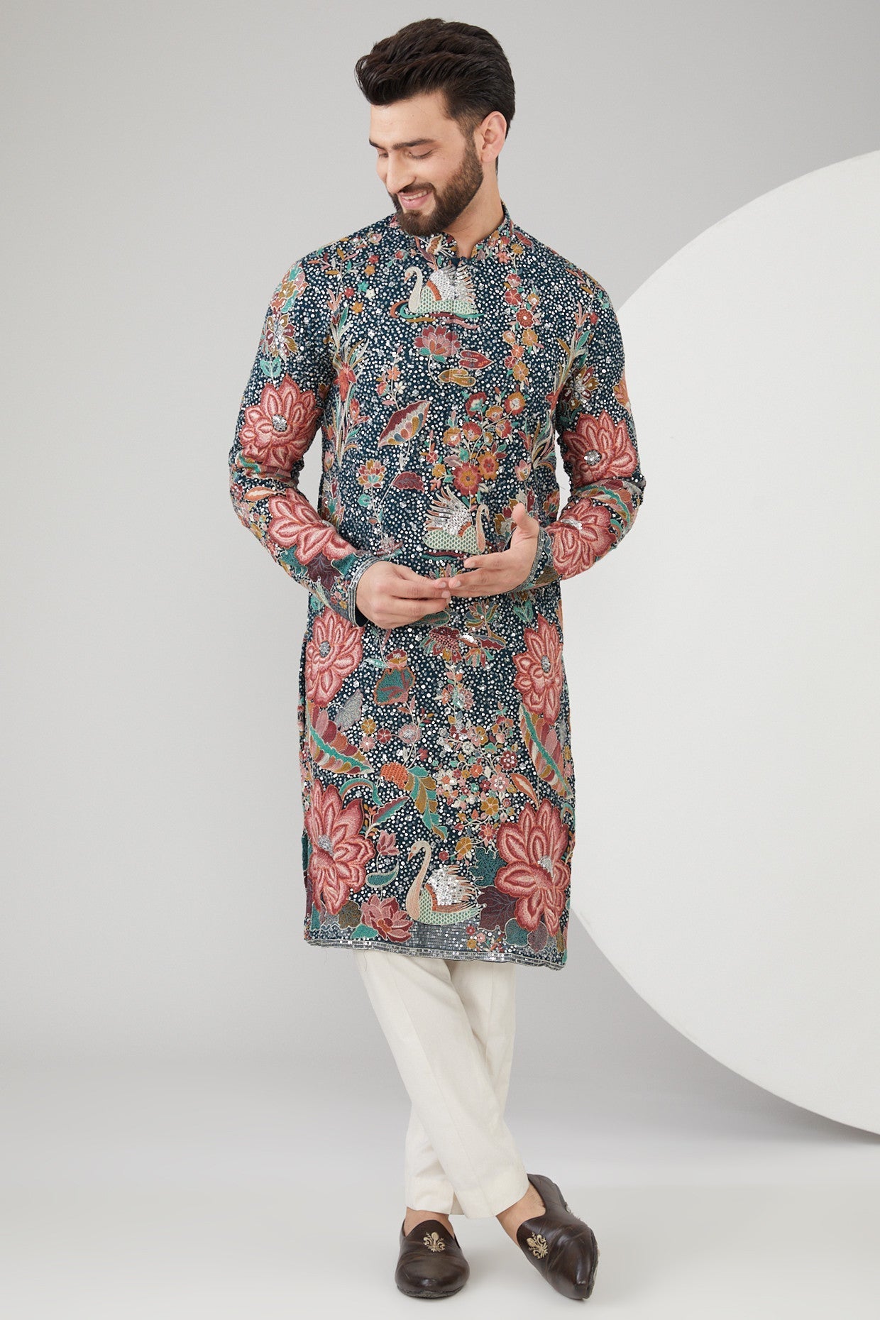 Teal Blue Georgette Floral Embroidered Kurta - kasbahmen