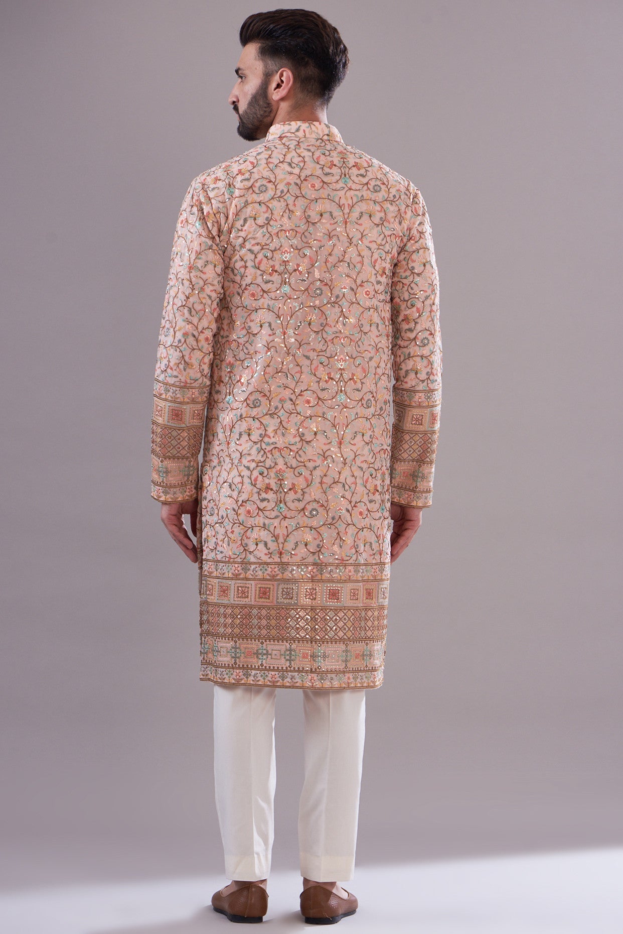 Peach multi embroidered kurta with detailed border - kasbahmen