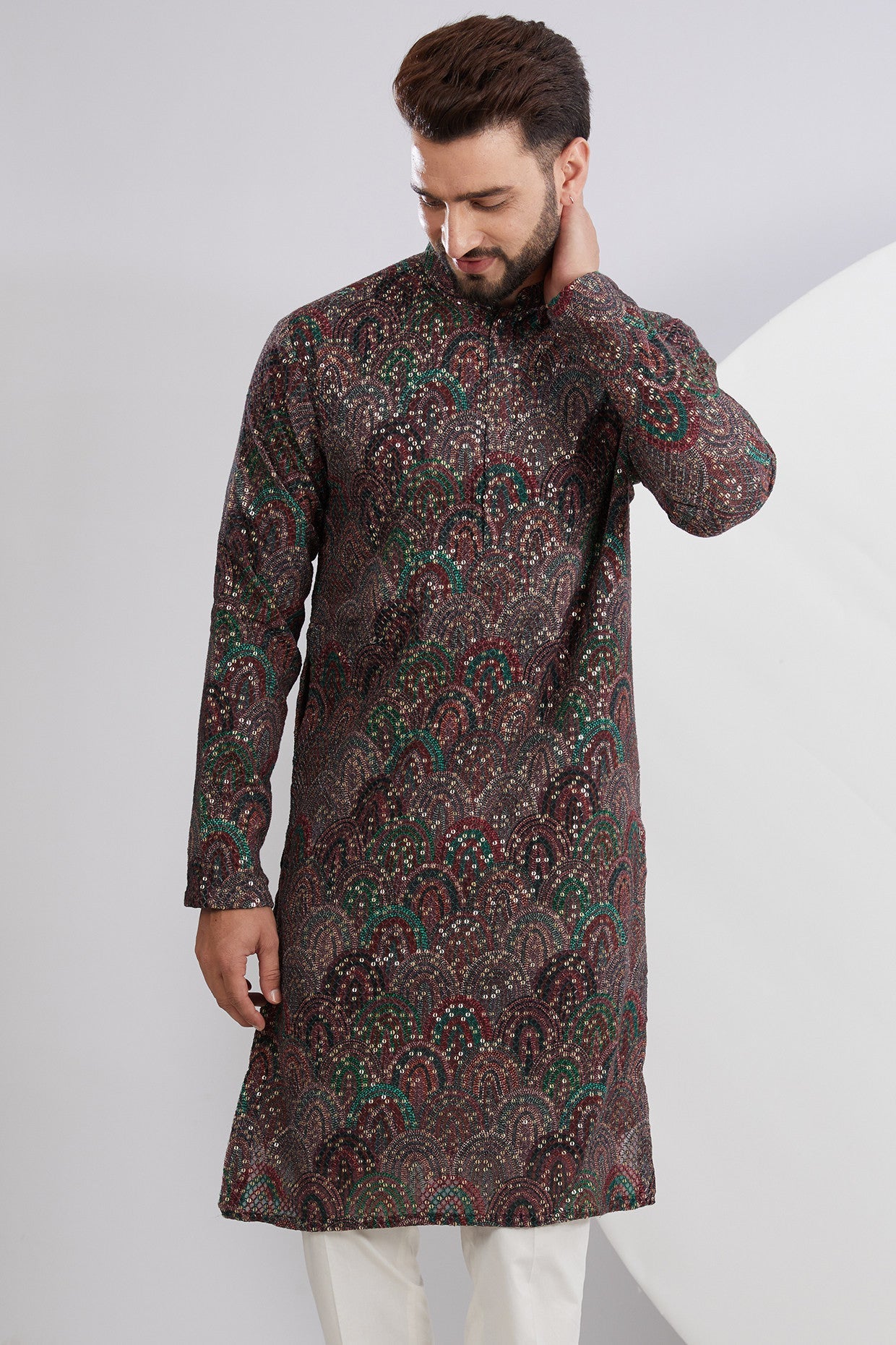 Formal Multi Embroidered Kurta on Print - kasbahmen