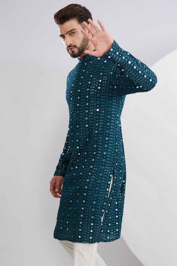 Teal Mirror Work Kurta