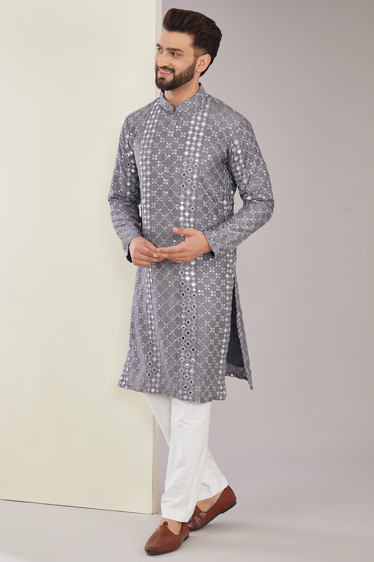 Signature Metallic Grey Mirrorwork Kurta - kasbahmen