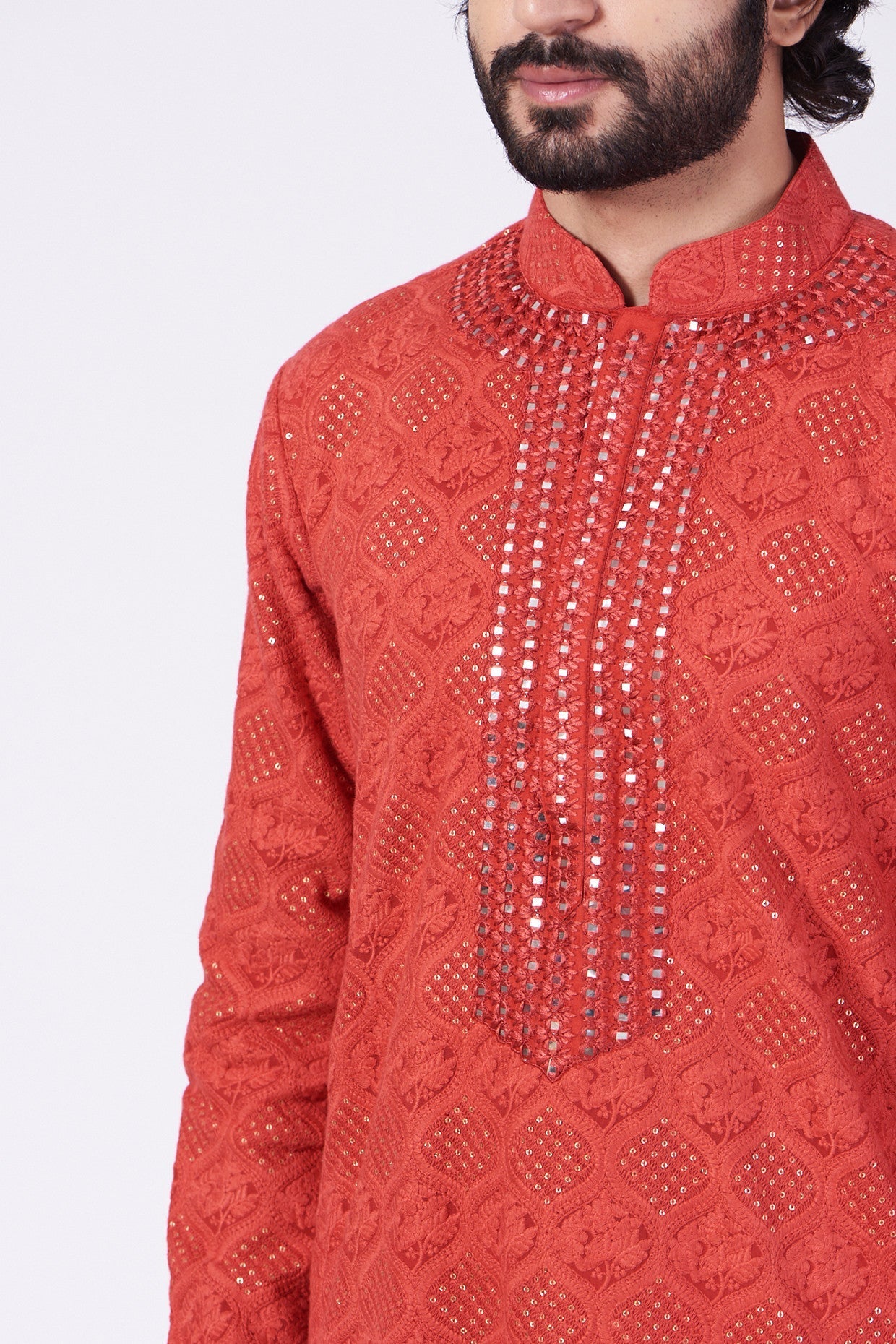 Red Hand Embroidered Kurta - kasbahmen