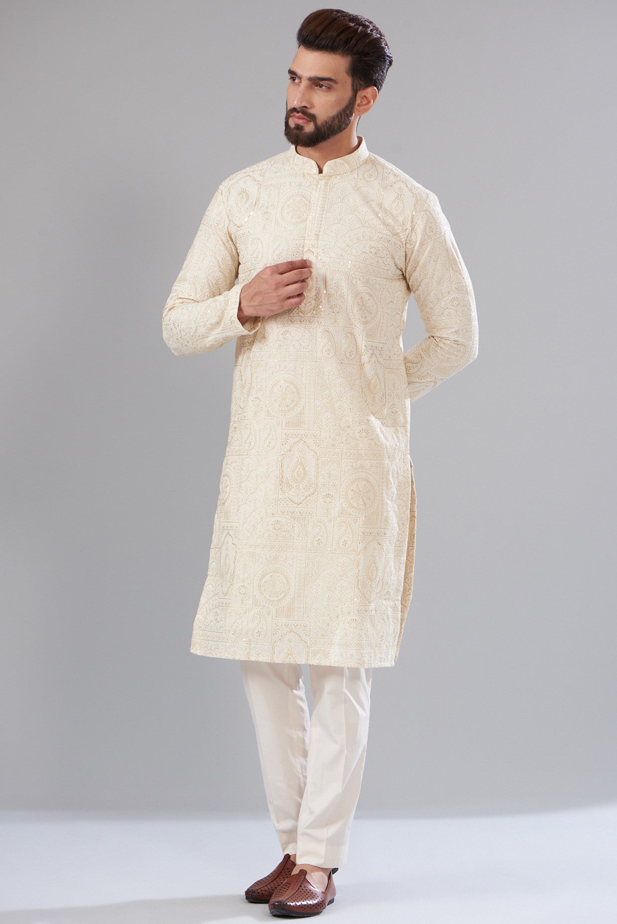 ivory kalmkari thread work kurta - kasbahmen