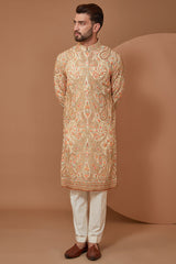 Ivory Cream Kashmiri Jamawar Embroidered Kurta - kasbahmen