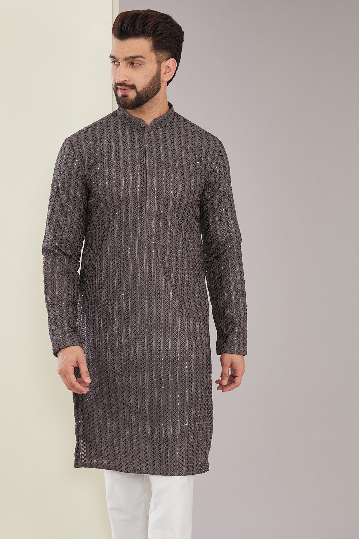 Metallic Grey Chikankari Kurta - kasbahmen