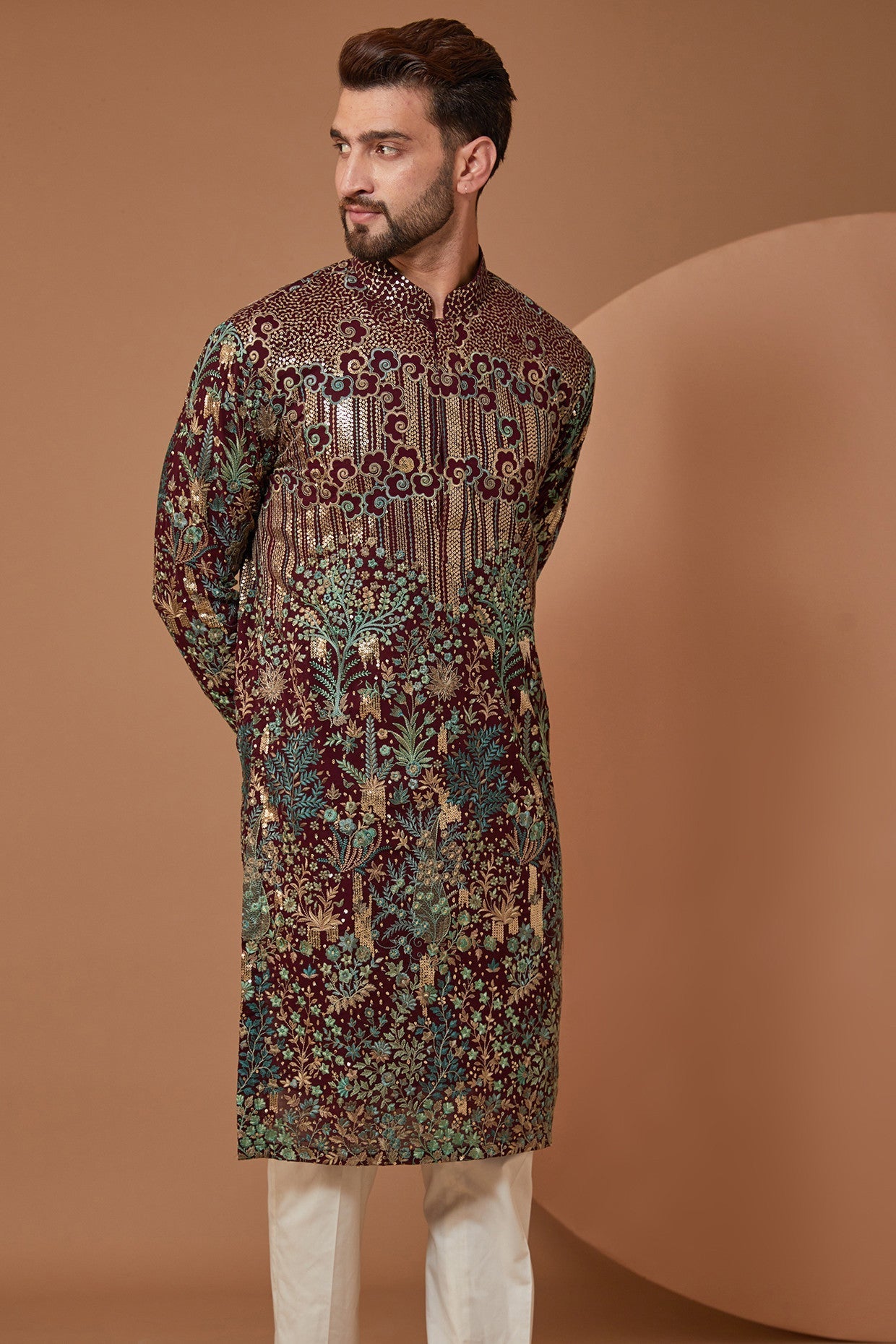 Intricately Crafted Black Floral Kurta with Green and Gold Threadwork - kasbahmen