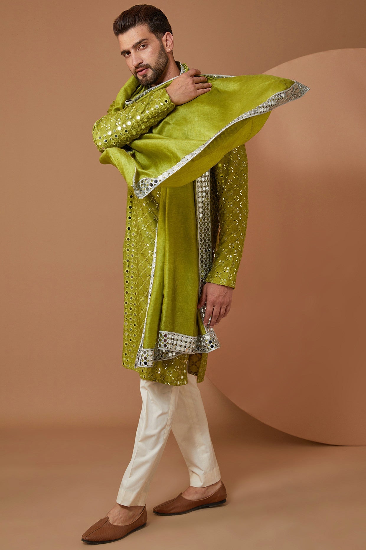 Mehndi Green Signature Mirrorwork Kurta with Stole - kasbahmen