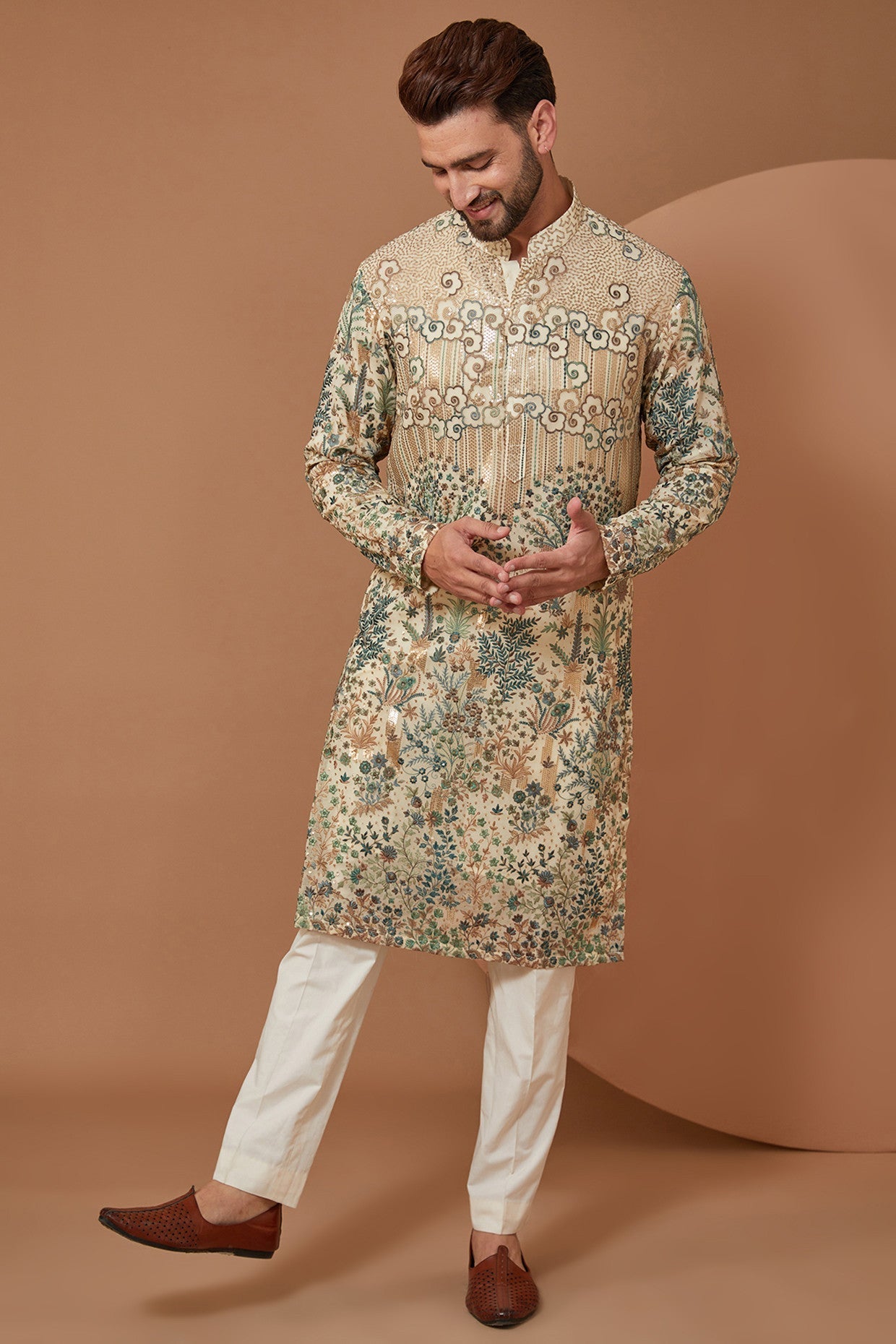 Intricately Crafted Ivory Floral Kurta with Green and Gold Threadwork - kasbahmen