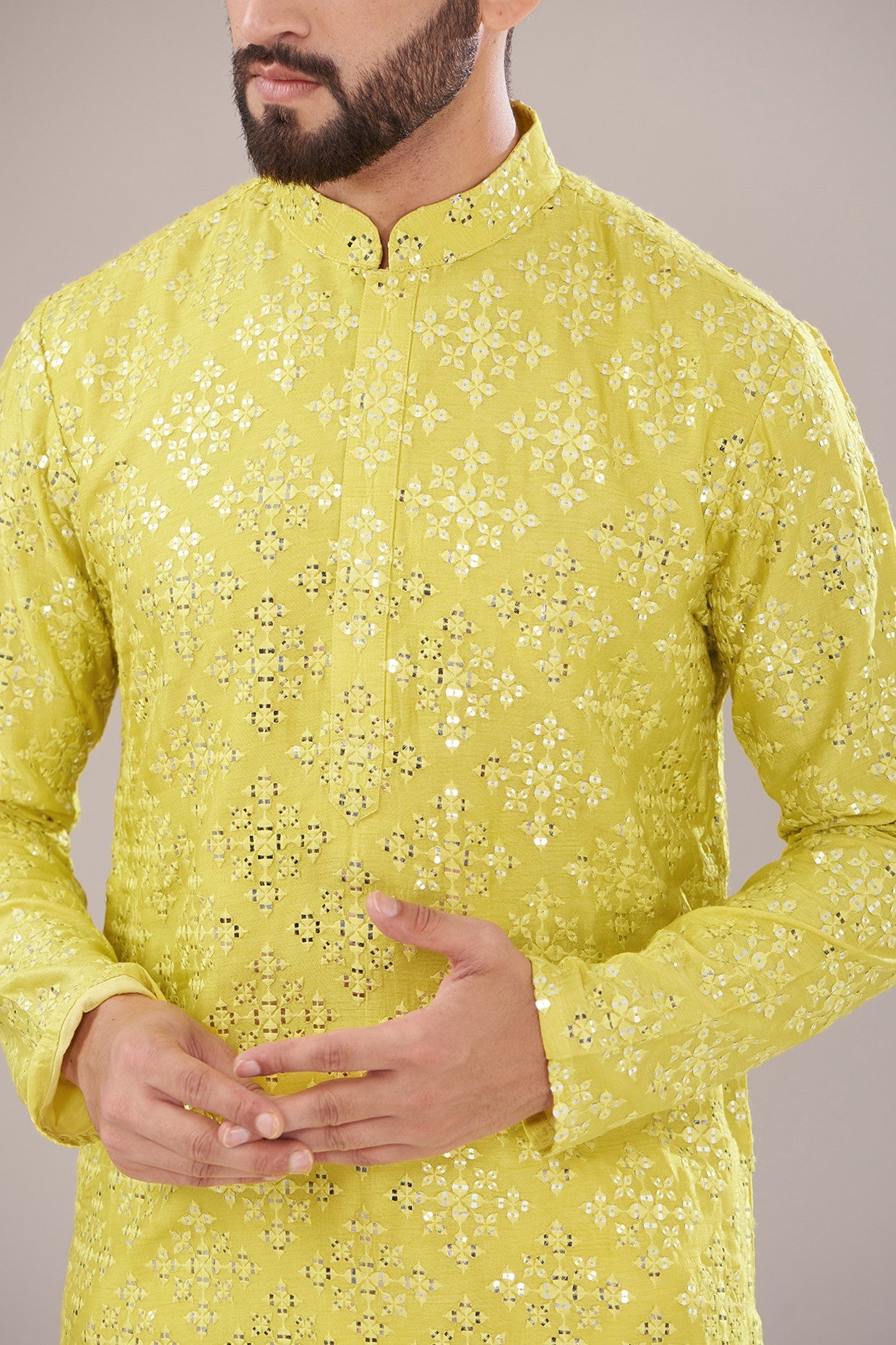 Neon Yellow Silk Embroidered Kurta - kasbahmen