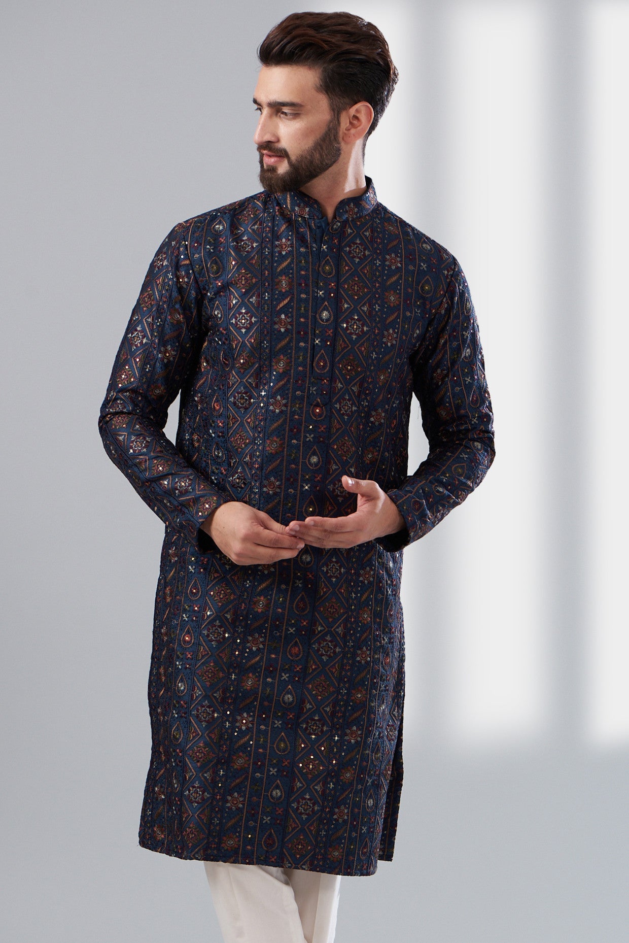 Navy blue multi thread work kurta - kasbahmen