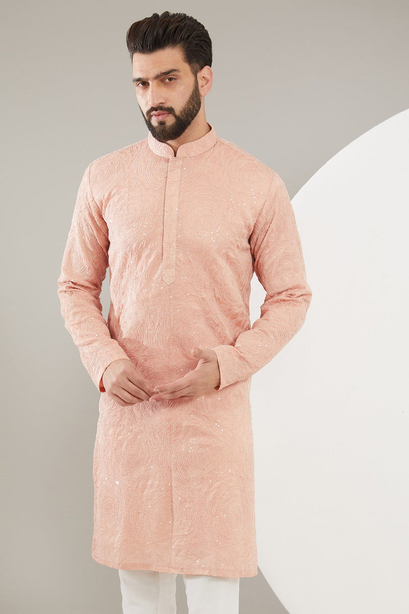 Peach Chikankari Kurta with Intricate Floral Embroidary - kasbahmen