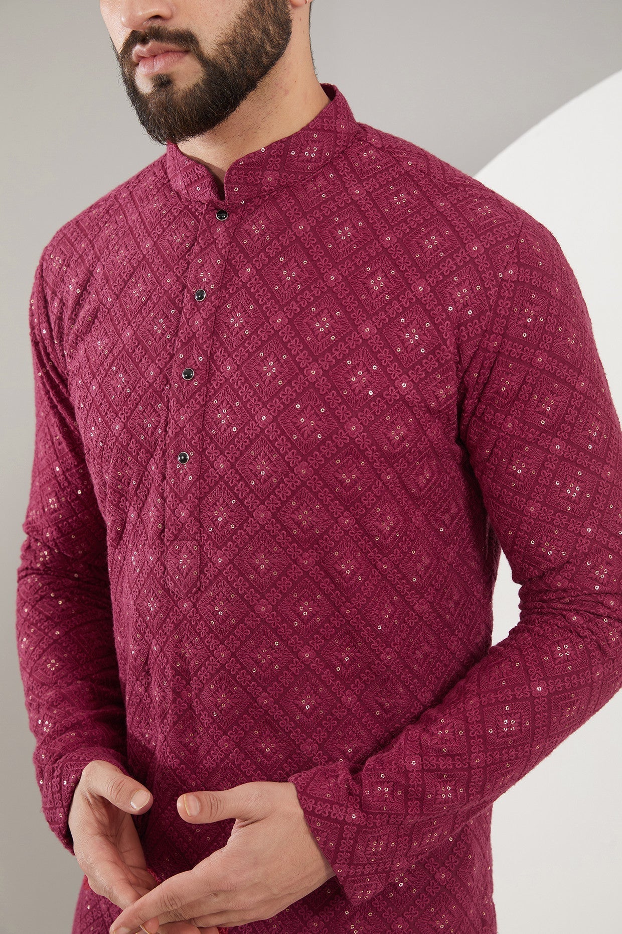 Maroon Chikankari Kurta with heavy thread and sequined embroidery - kasbahmen