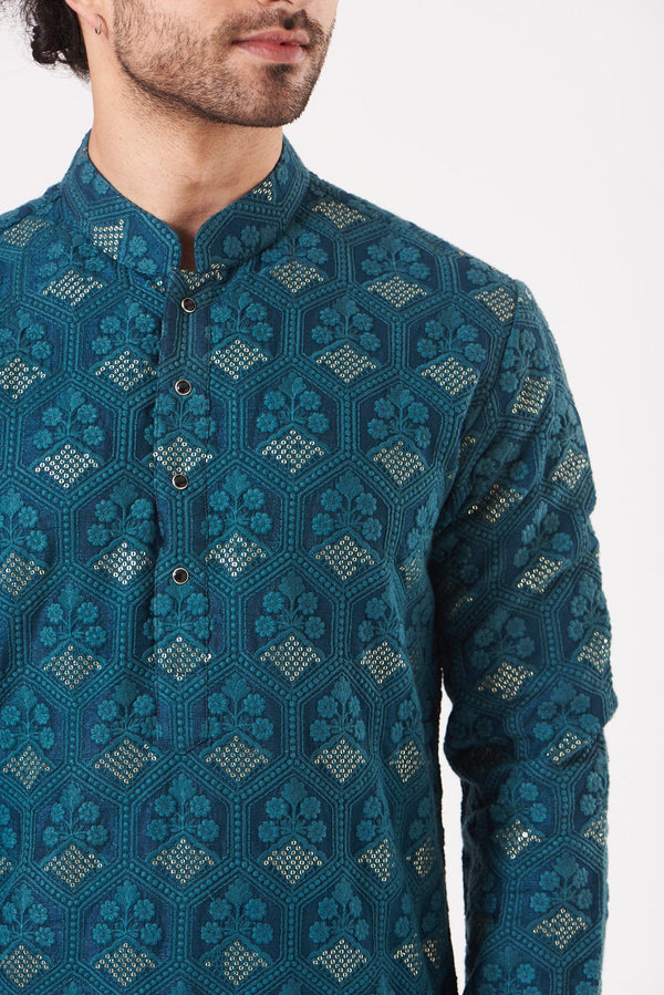 Teal Sequins Embroidered Kurta