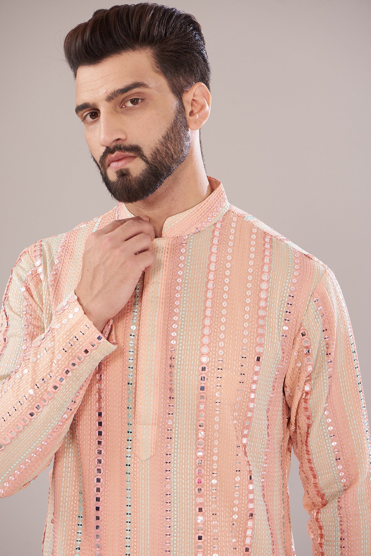 Peach Georgette Embroidered Kurta - kasbahmen