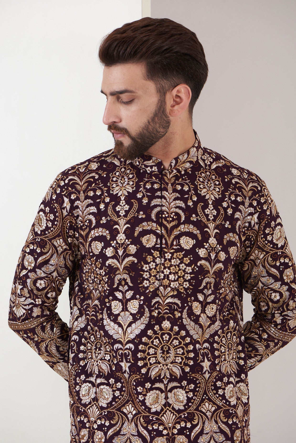 Wine Embroidered Kurta - kasbahmen