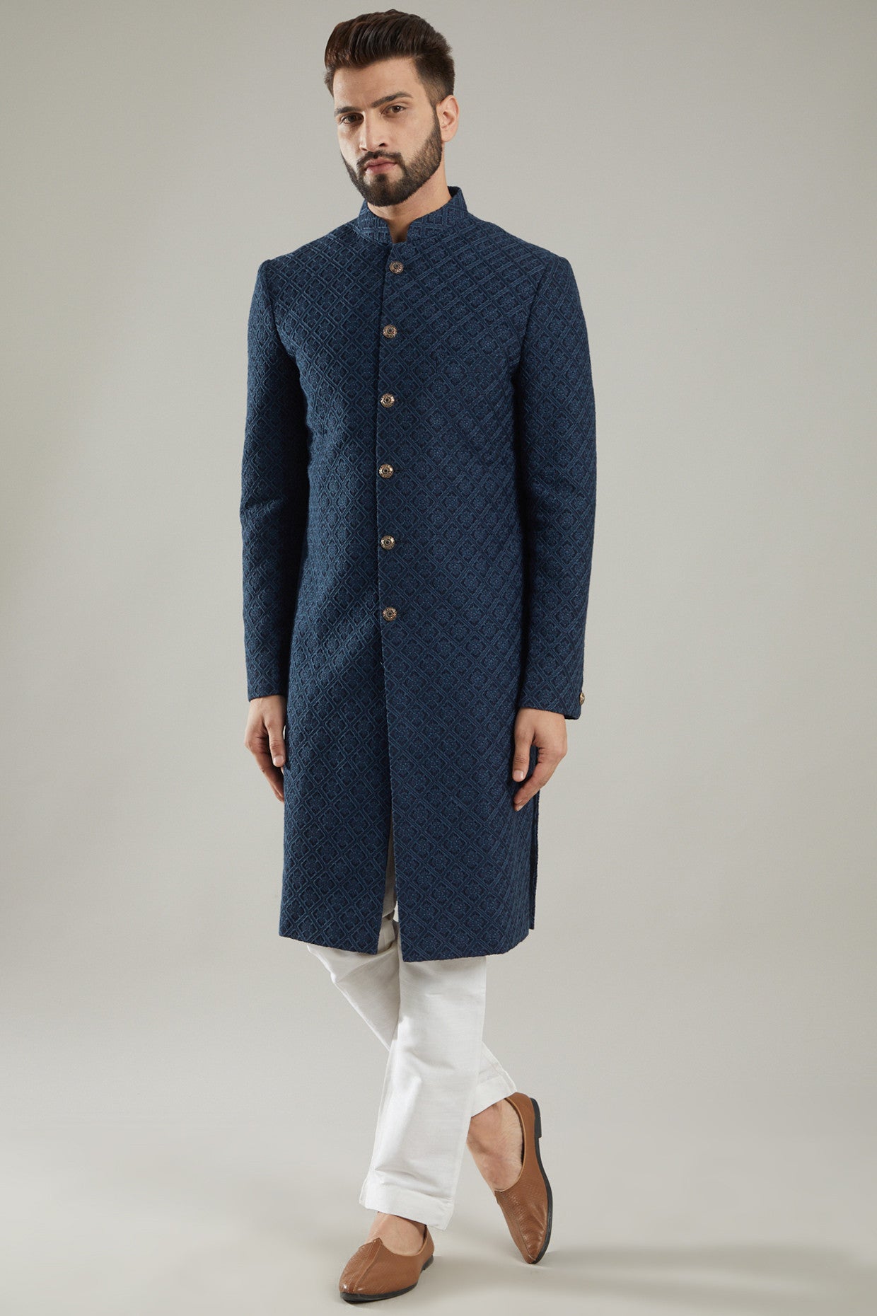 Navy Blue Embroidered Indo Western Jacket - kasbahmen