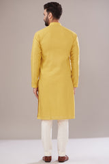 Yellow Slub Silk Embroidered Kurta - kasbahmen