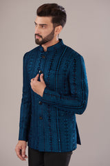 Midnight Blue Velvet Embroidered Bandhgala - kasbahmen