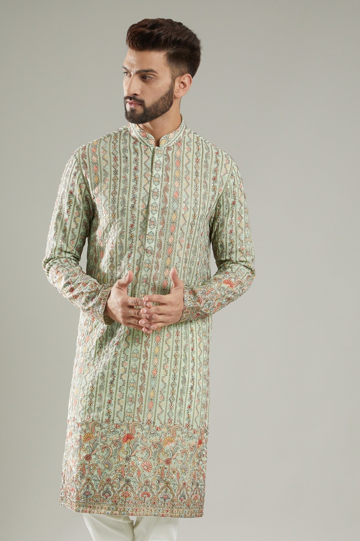 Pastel Green Georgette Embroidered Kurta - kasbahmen