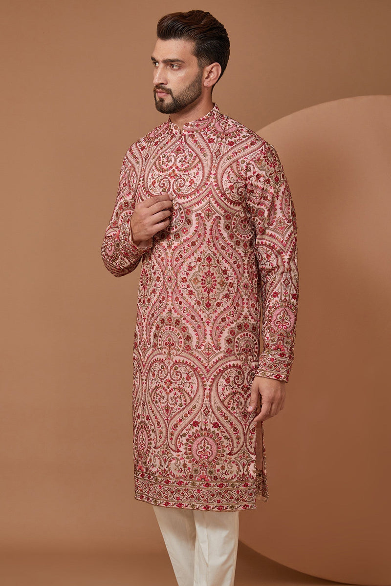 Light Pink Kashmiri Jamawar Embroidered Kurta - kasbahmen