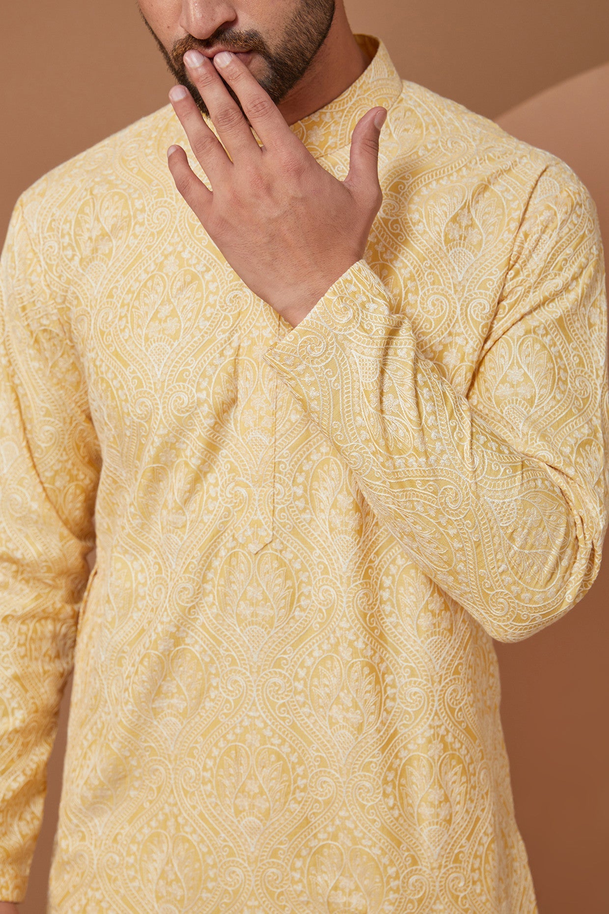 Intricately Embroidered Kurta in a rich and subte hue of Yellow with White Threa - kasbahmen