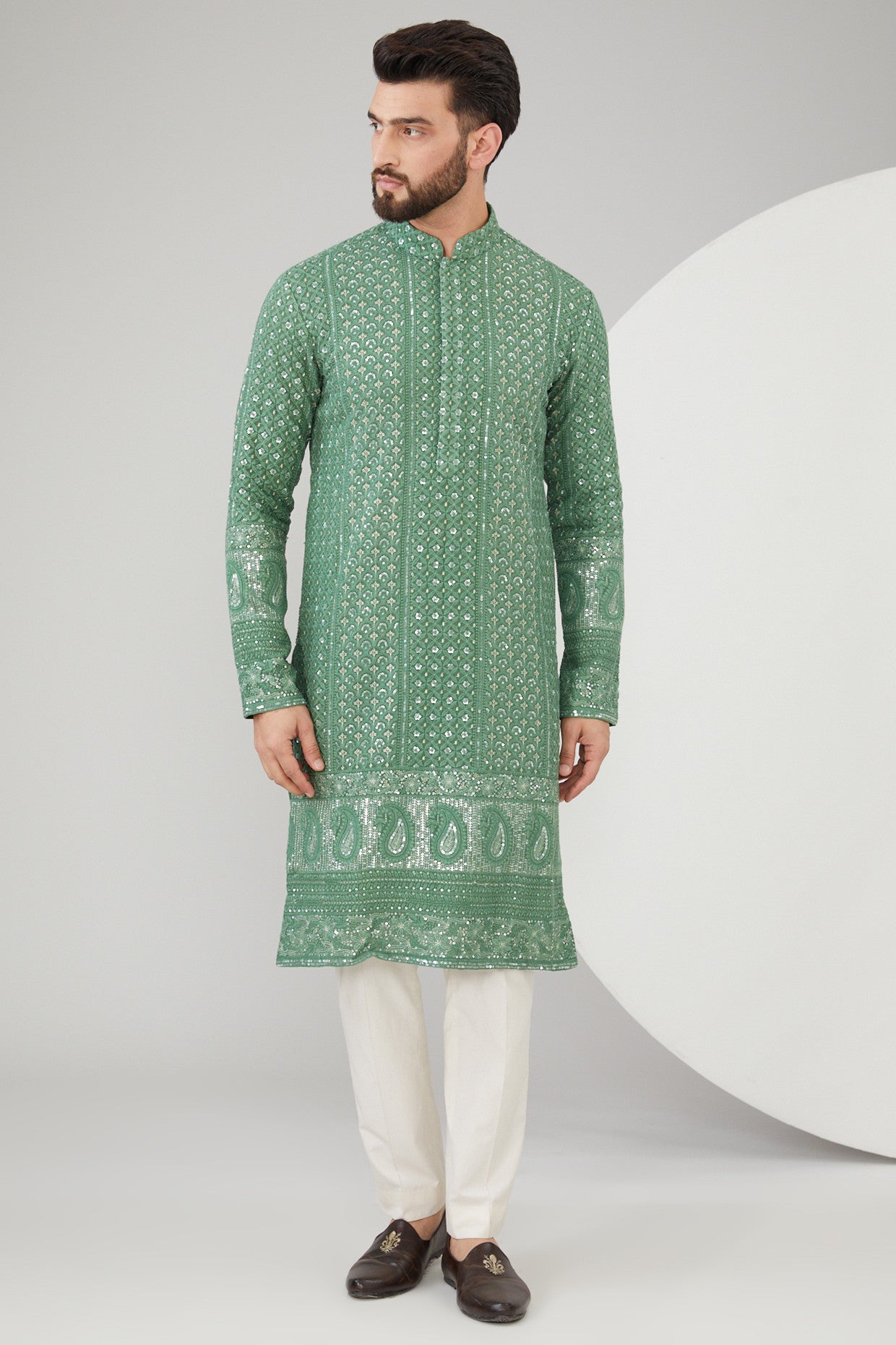 English Mint Green Georgette Thread Embroidered Chikankari Kurta - kasbahmen