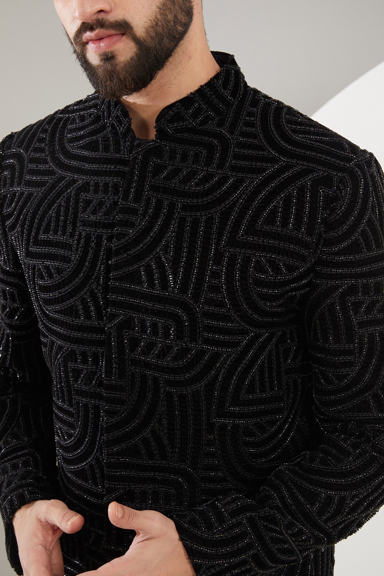 Black on Black Geometrically embroidered Sherwani - kasbahmen