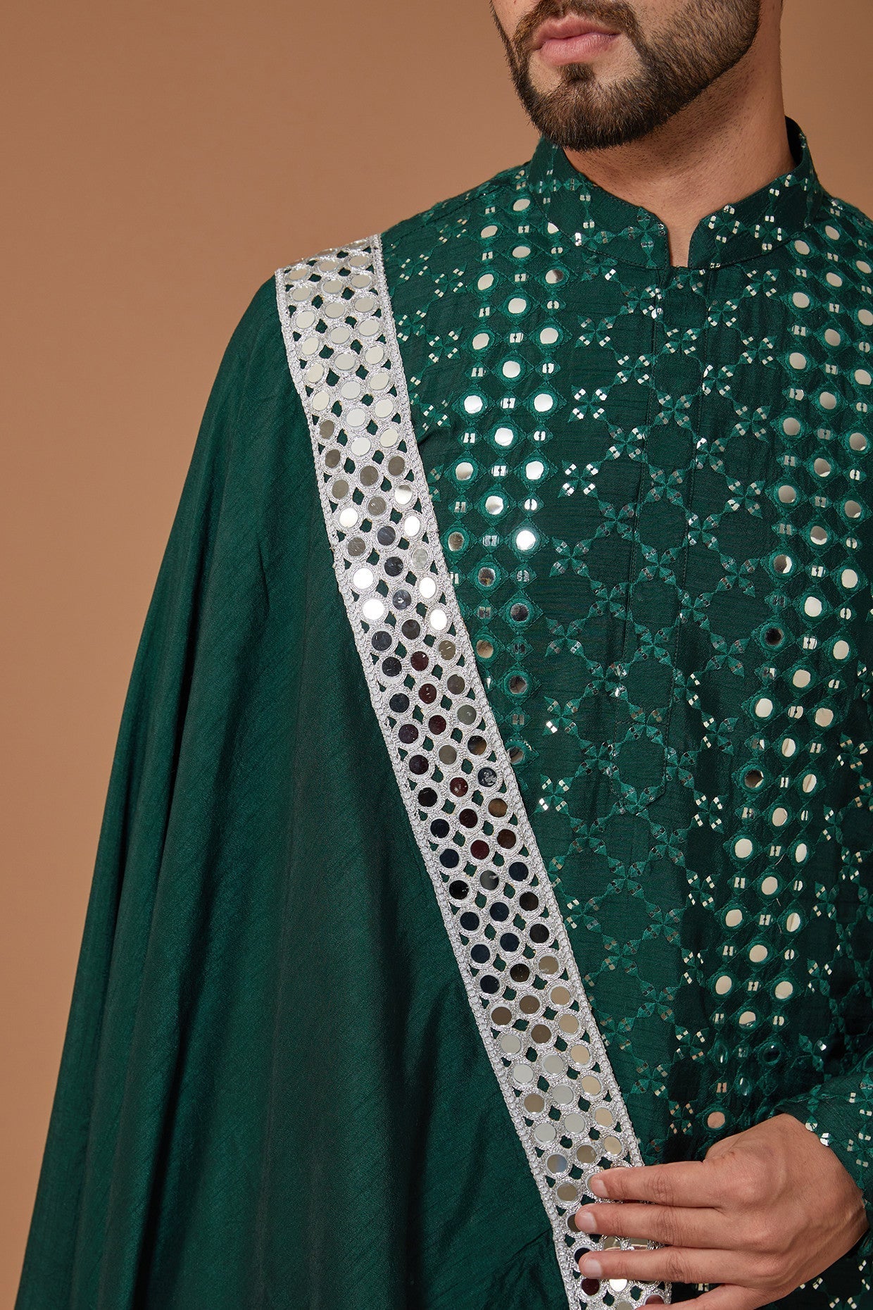 Bottle Green Signature Mirrorwork Kurta with Stole - kasbahmen