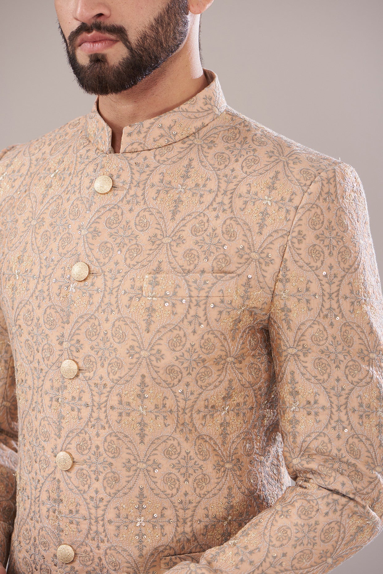 Mud Peach Chanderi Embroidered Bandhgala - kasbahmen