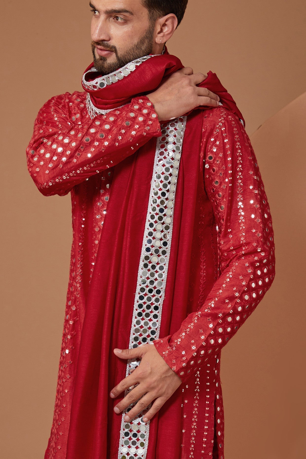 Red Mirror work Kurta with Stole - kasbahmen