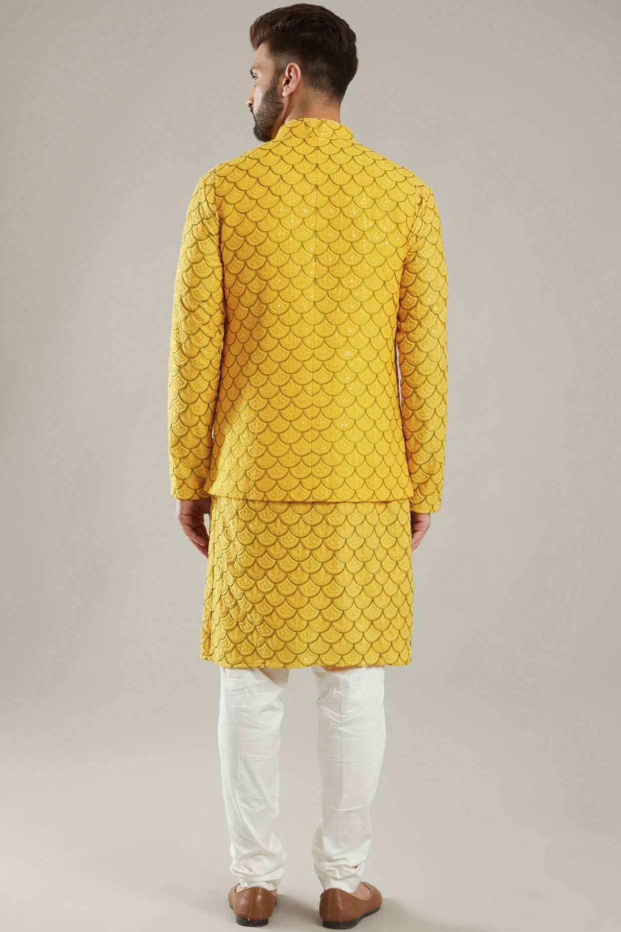 Yellow Silk Embroidered Nehru Jacket With Kurta - kasbahmen