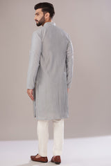 Matte Blue Slub Silk Embroidered Kurta - kasbahmen