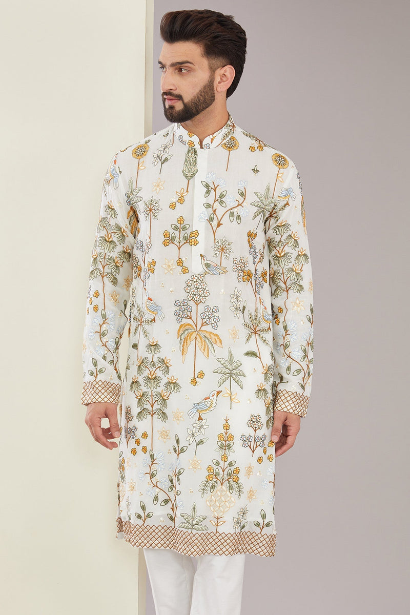 White Floral Embroidered Kurta - kasbahmen