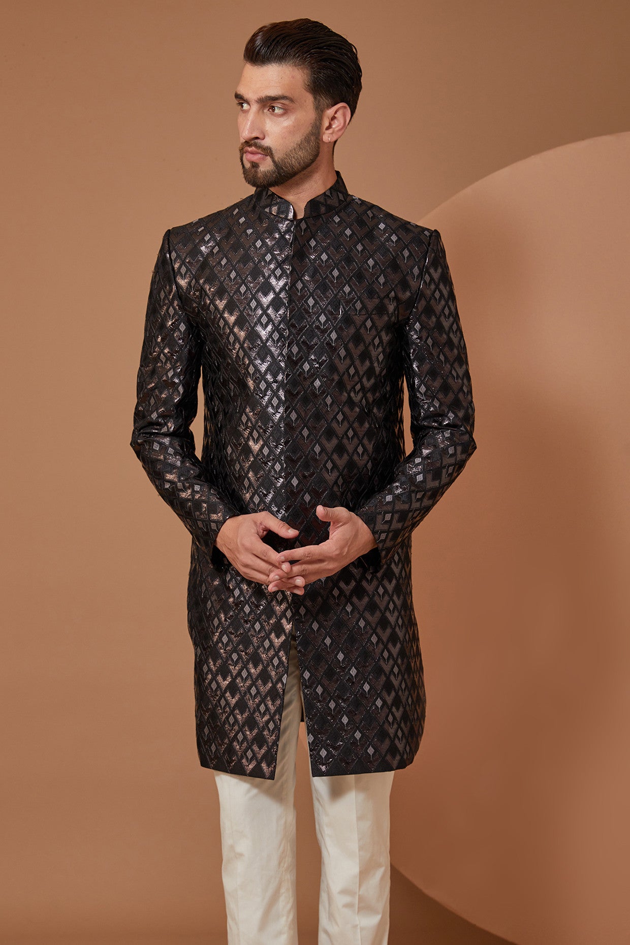 Bold and Refined Black Leather-cut Indowestern - kasbahmen