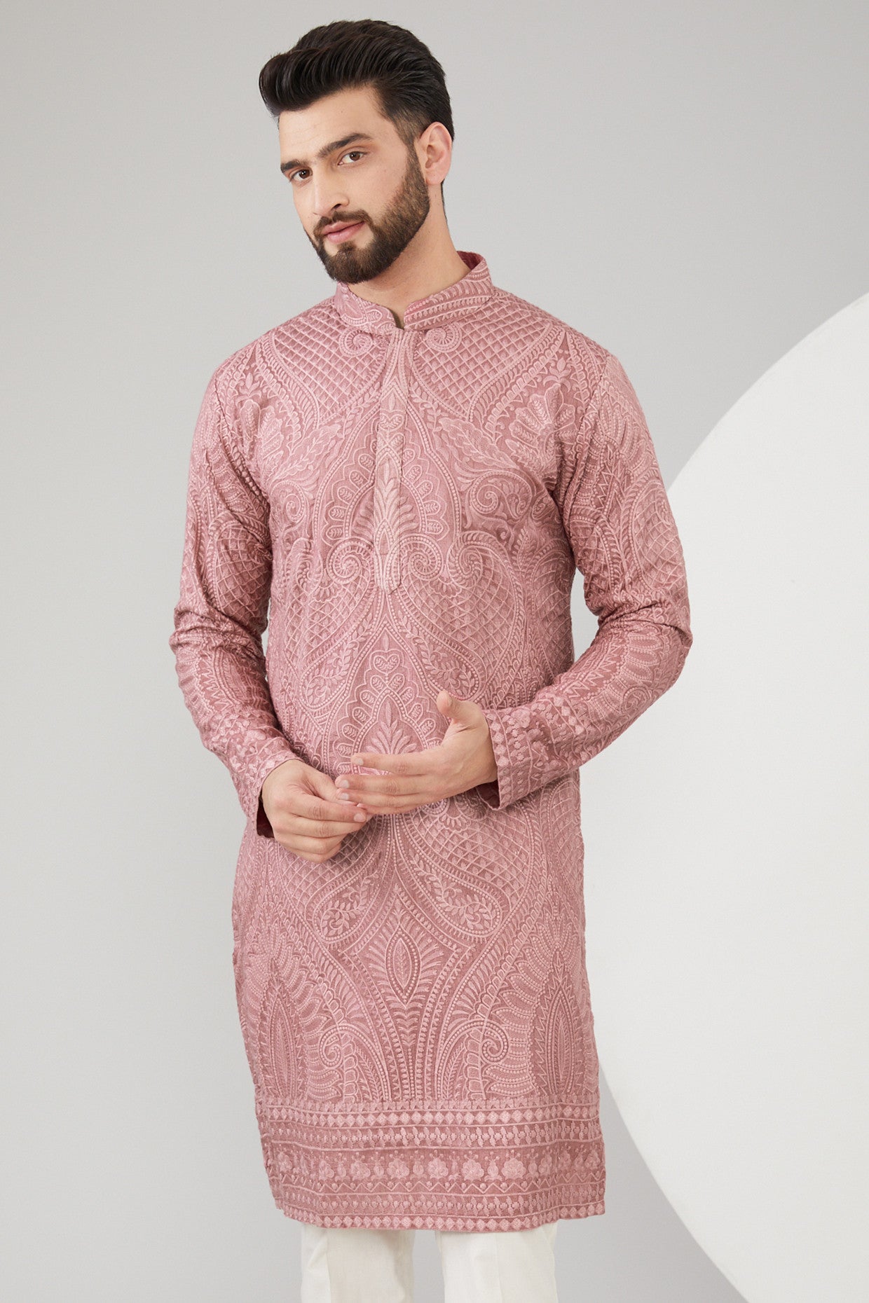 Mud Pink Silk Thread Embroidered Chikankari Kurta - kasbahmen