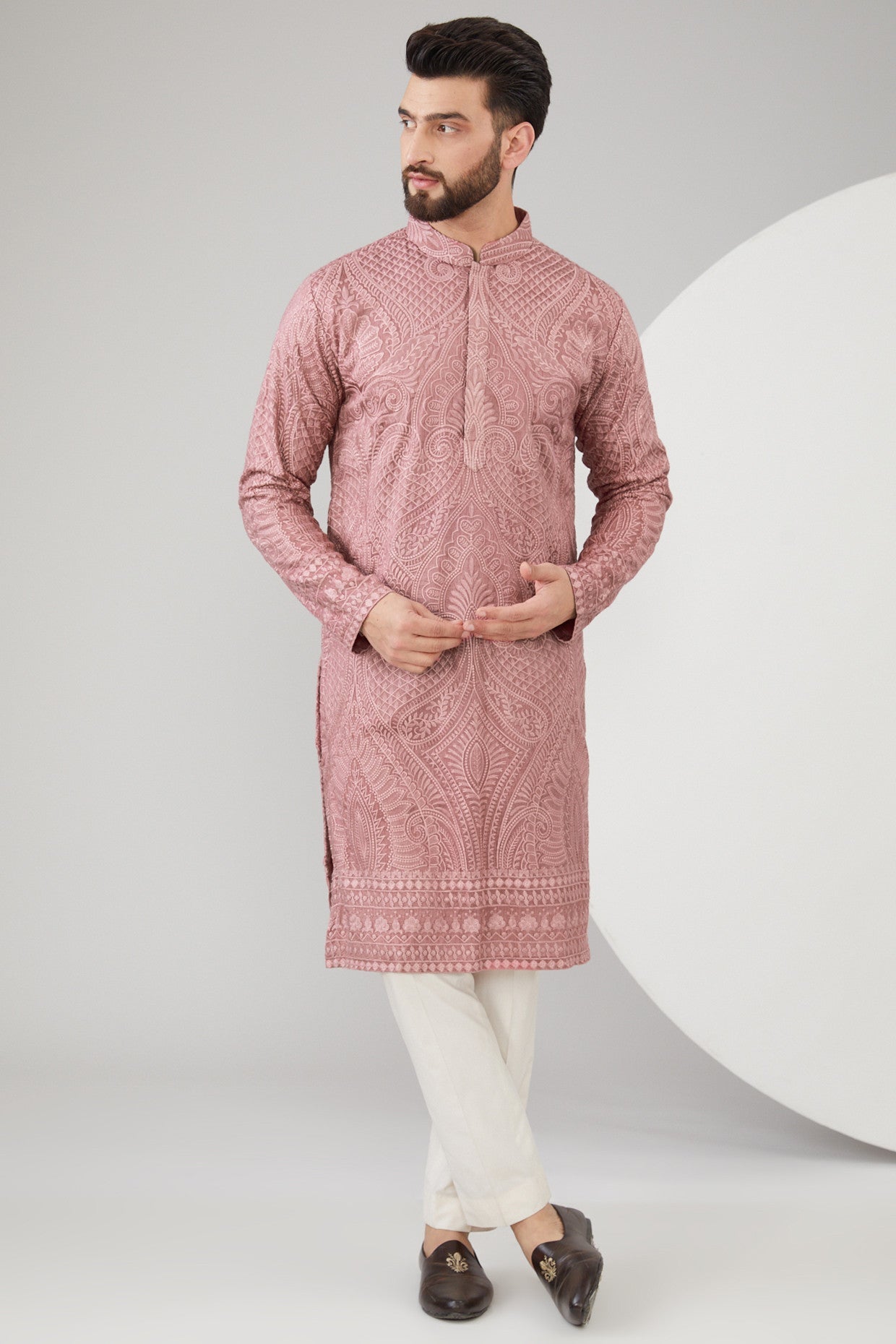 Mud Pink Silk Thread Embroidered Chikankari Kurta - kasbahmen