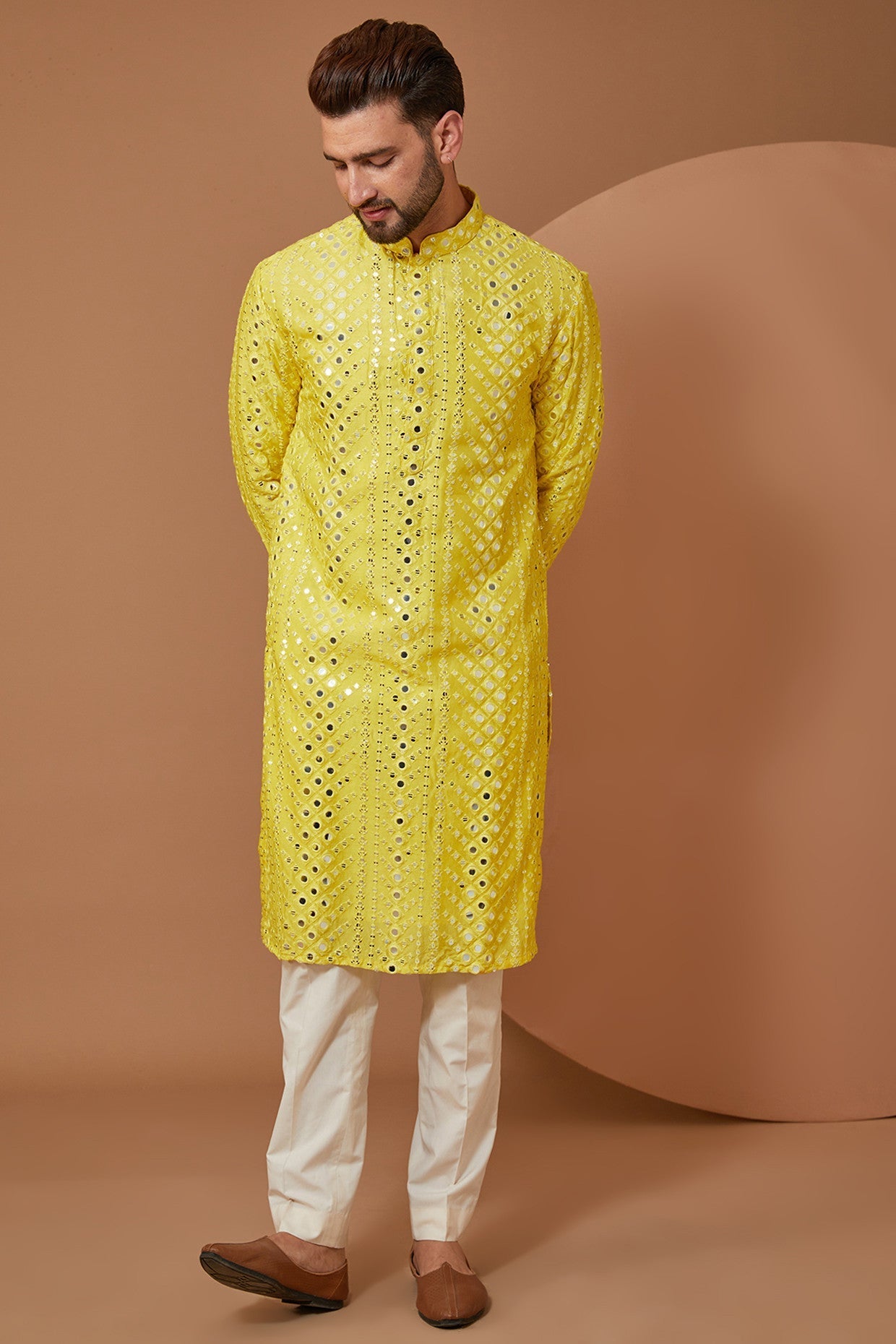 Bright Yellow Signature Mirrorwork Kurta - kasbahmen