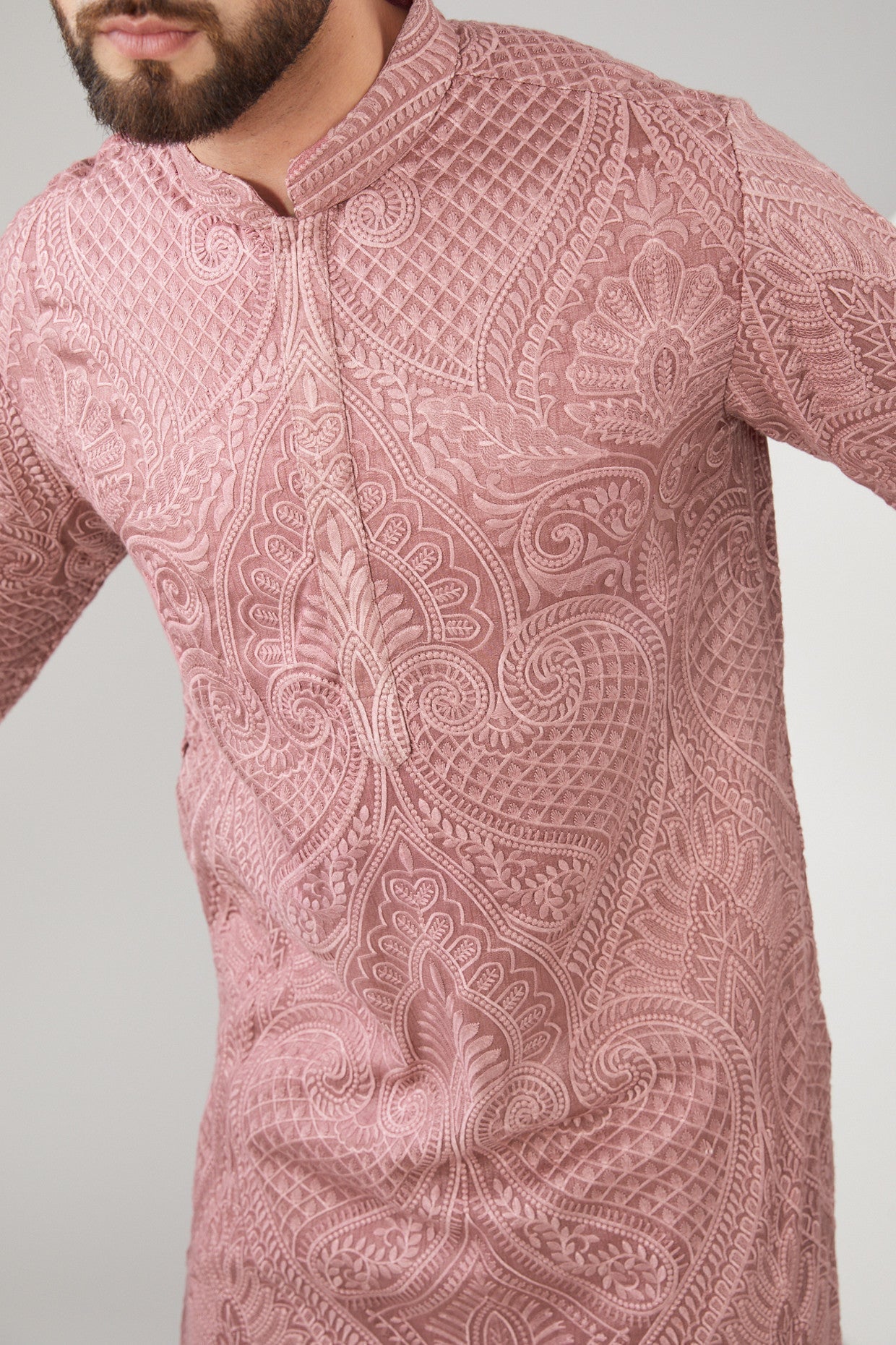 Mud Pink Silk Thread Embroidered Chikankari Kurta - kasbahmen