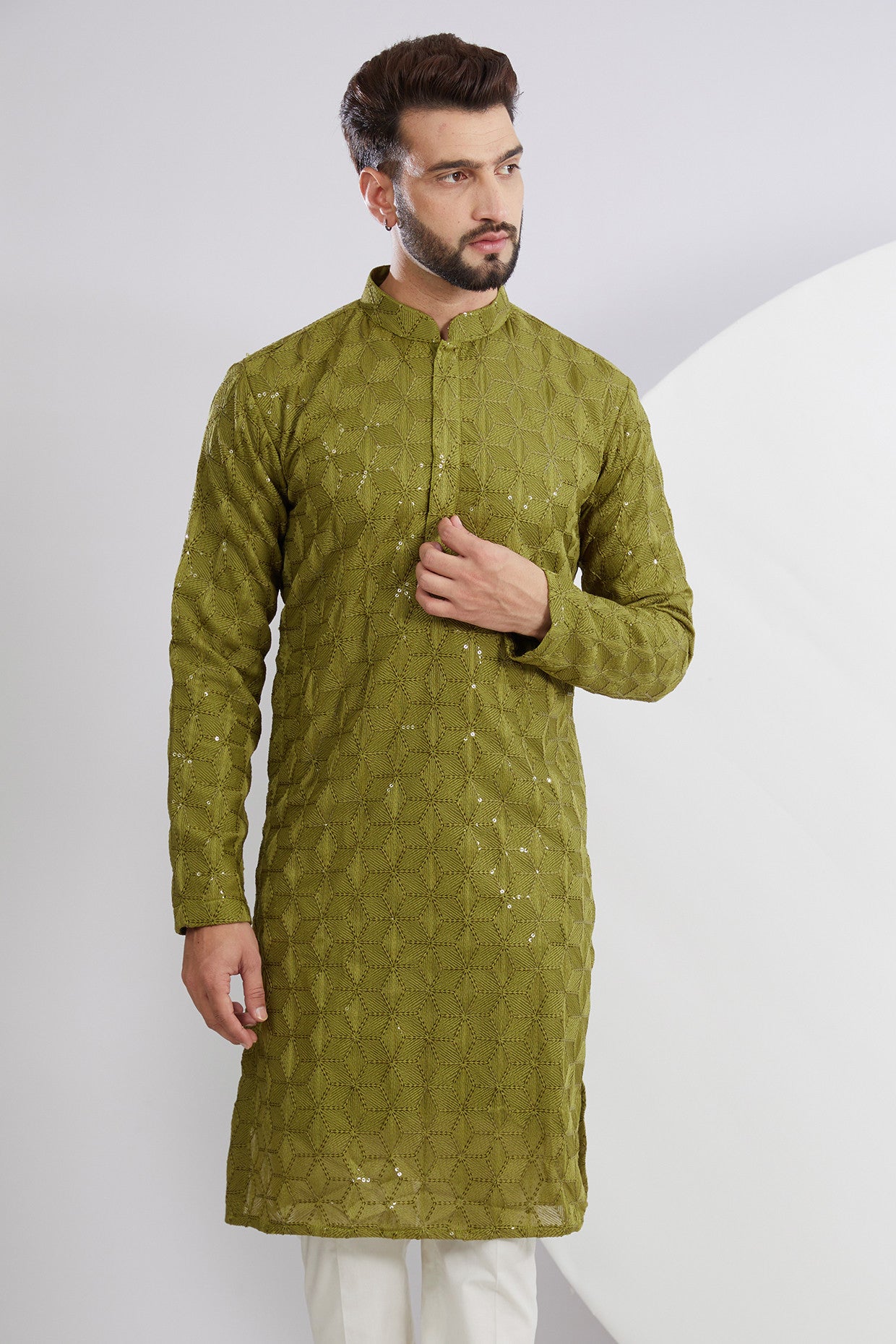 Mehndi Green Geometrically Embroidered Kurta - kasbahmen