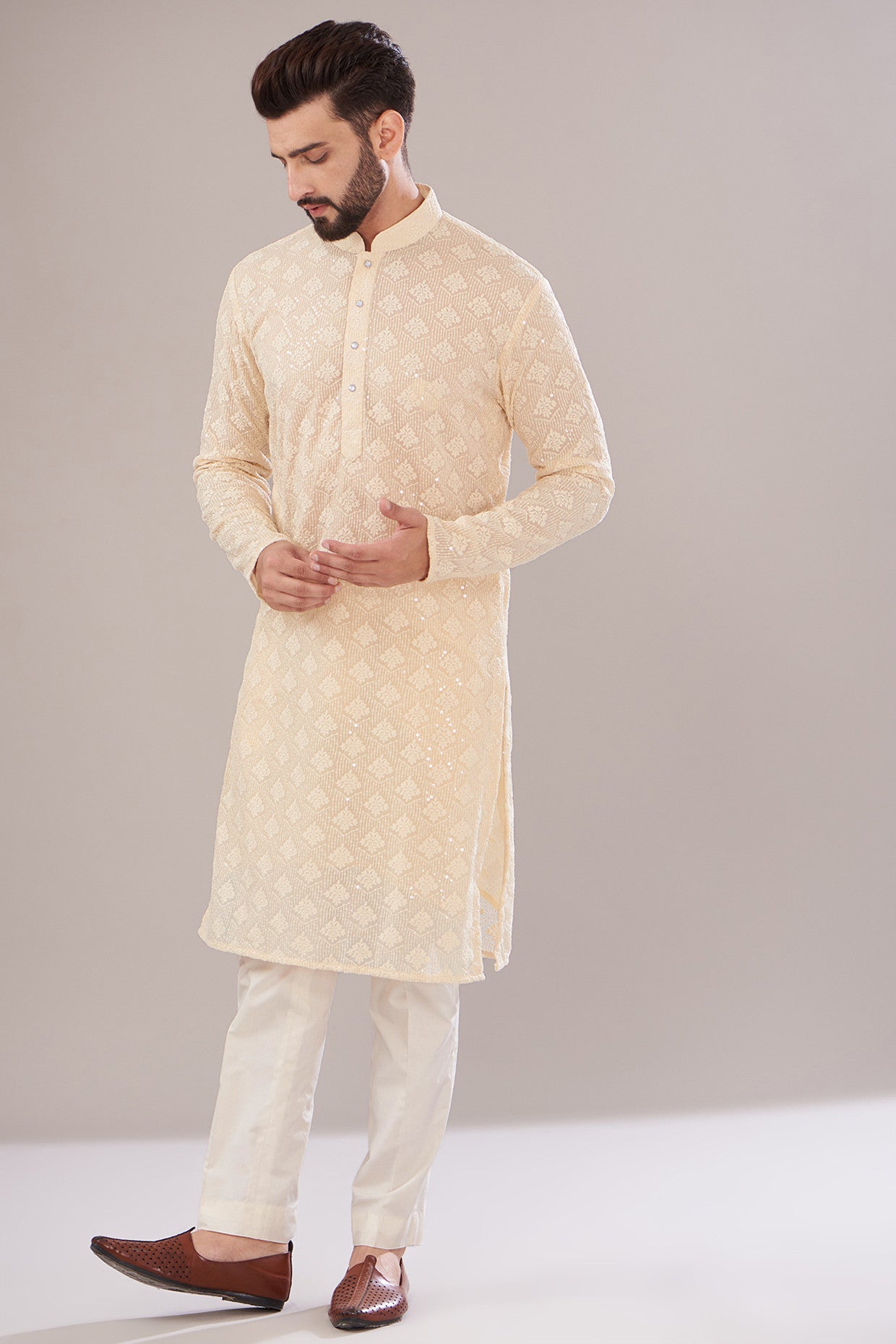 Light Beige Georgette Embroidered Kurta - kasbahmen