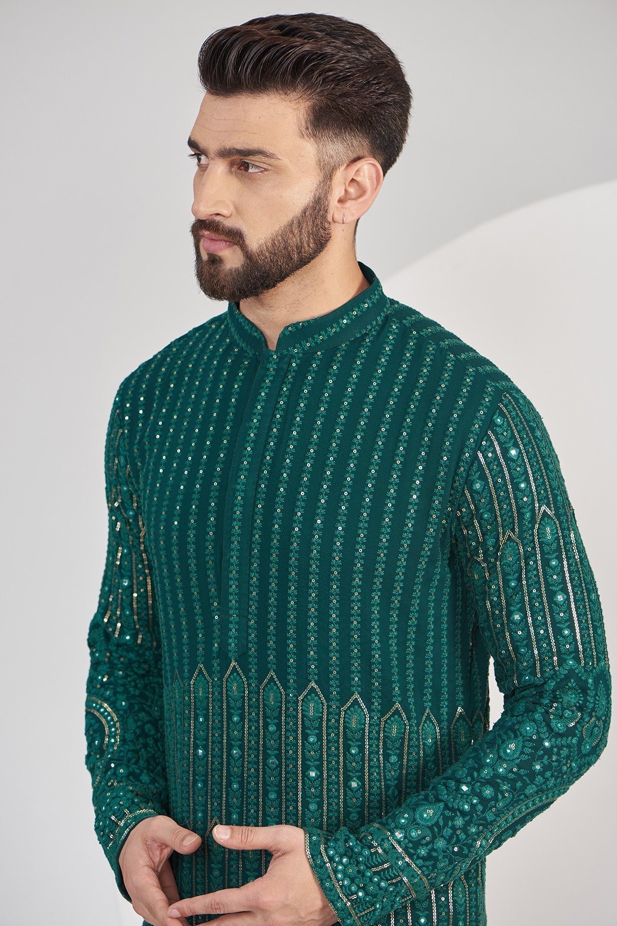 Bottle Green Chikankari Kurta with intricate border embroidery - kasbahmen