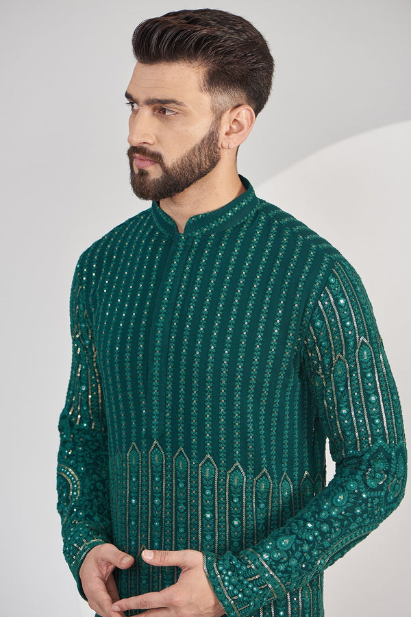 Bottle Green Chikankari Kurta with intricate border embroidery